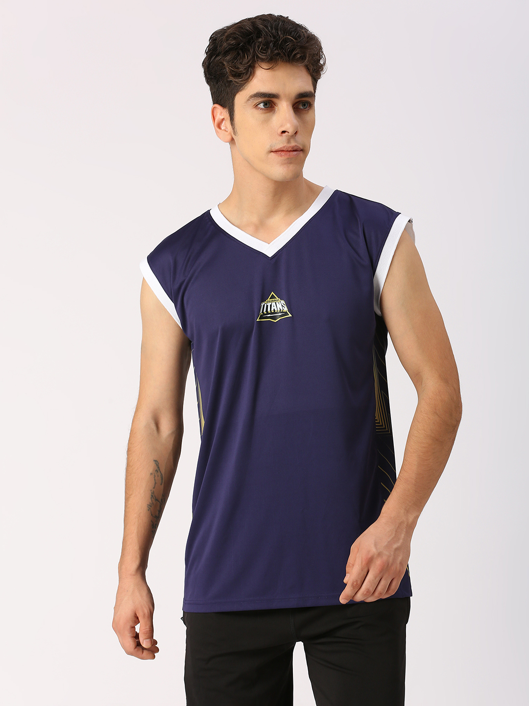 Men Navy Blue Logo Printed Sleeveless V-Neck Cotton Sports Vest