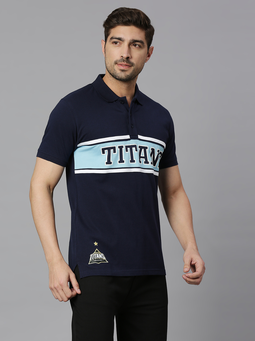 Gujarat Titans Men Navy Blue Printed Half Sleeves Polo Collar Cotton T-Shirt (3)