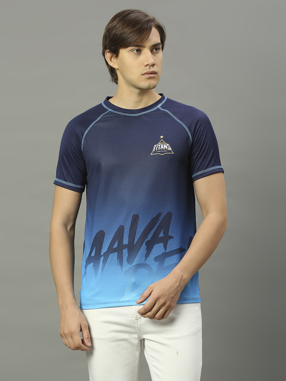 Men Navy Blue Printed Half Sleeves Round Neck Polyester T-Shirt