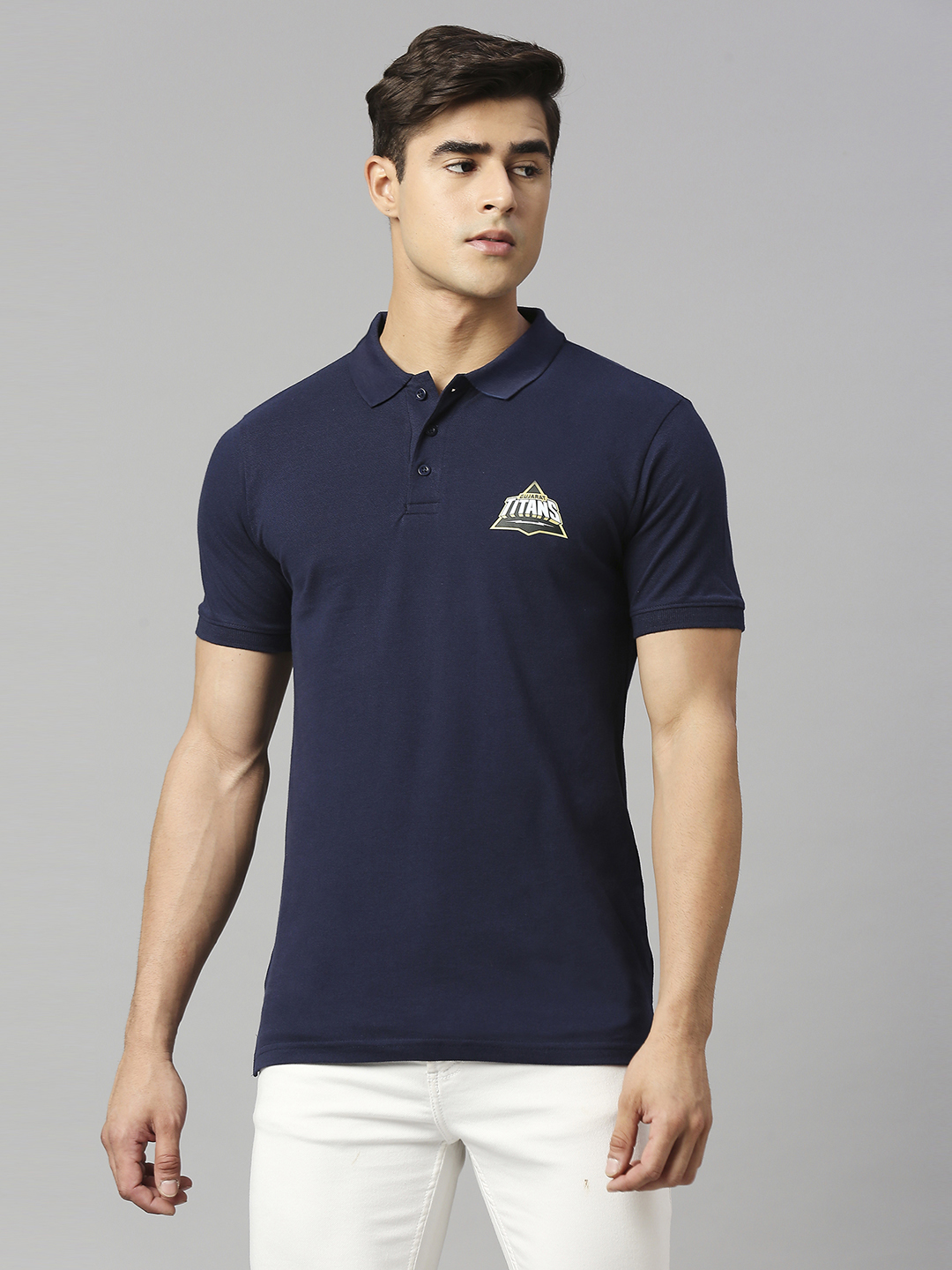 Gujarat Titans Men Navy Blue Solid Half Sleeves Polo Collar Cotton T-Shirt (1)