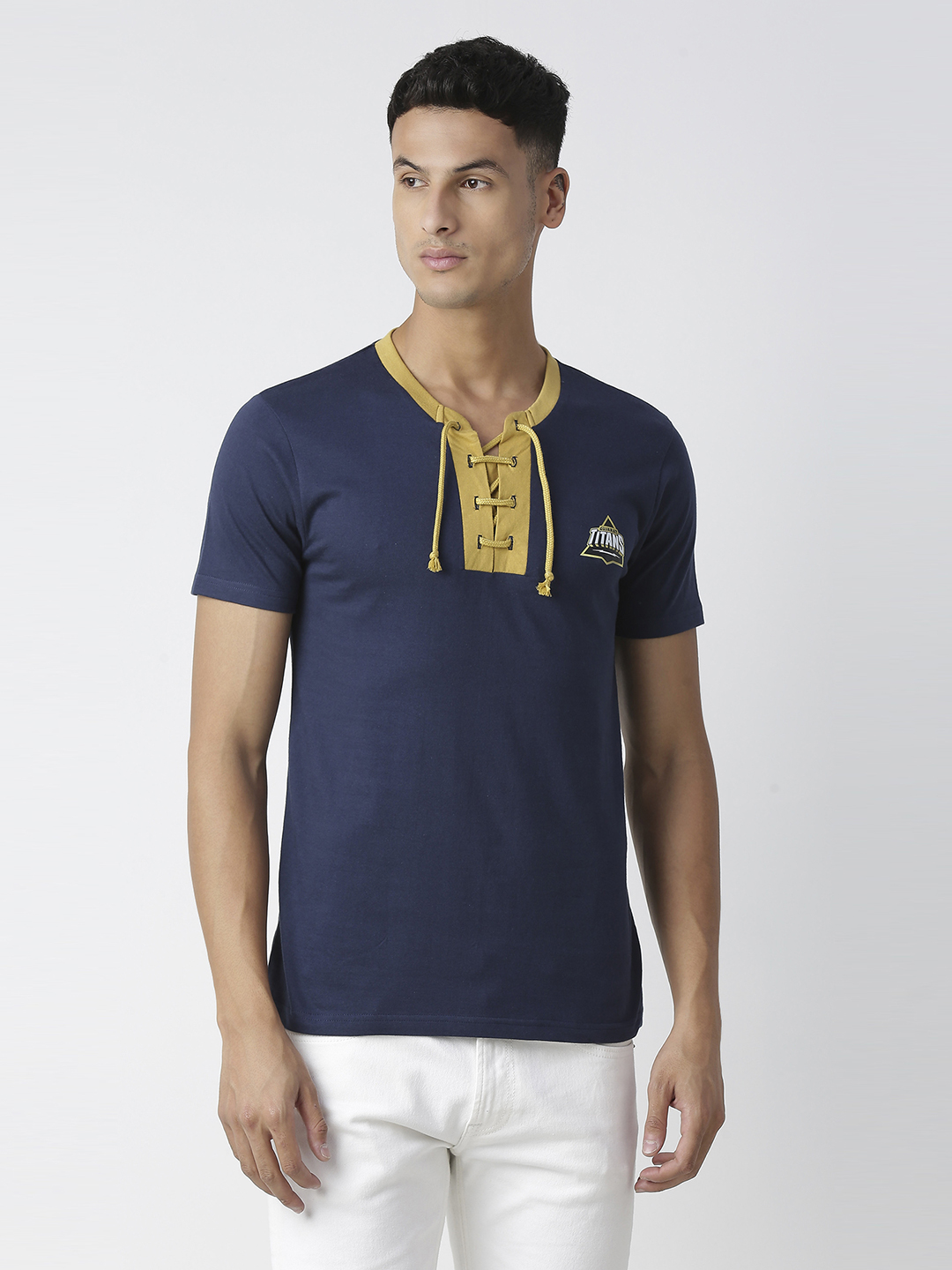 Men Navy Blue Solid Half Sleeves Round Neck Cotton T-Shirt