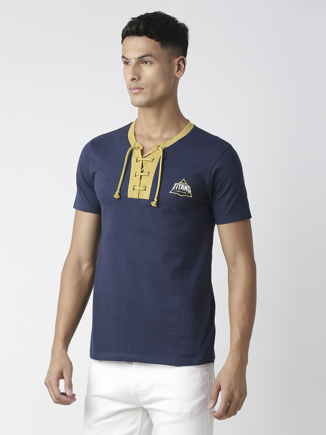 Gujarat Titans Men Navy Blue Solid Half Sleeves Round Neck Cotton T-Shirt (2)