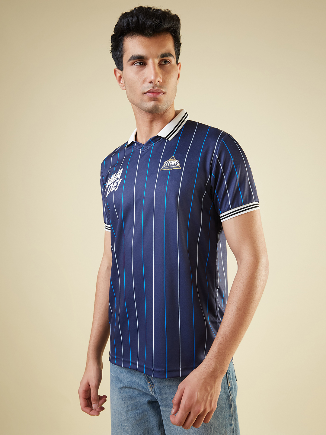 Gujarat Titans Men Navy Blue Striped Half Sleeves Polo Collar Cotton T-Shirt (4)