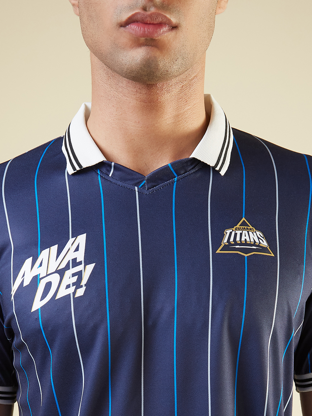 Gujarat Titans Men Navy Blue Striped Half Sleeves Polo Collar Cotton T-Shirt (3)