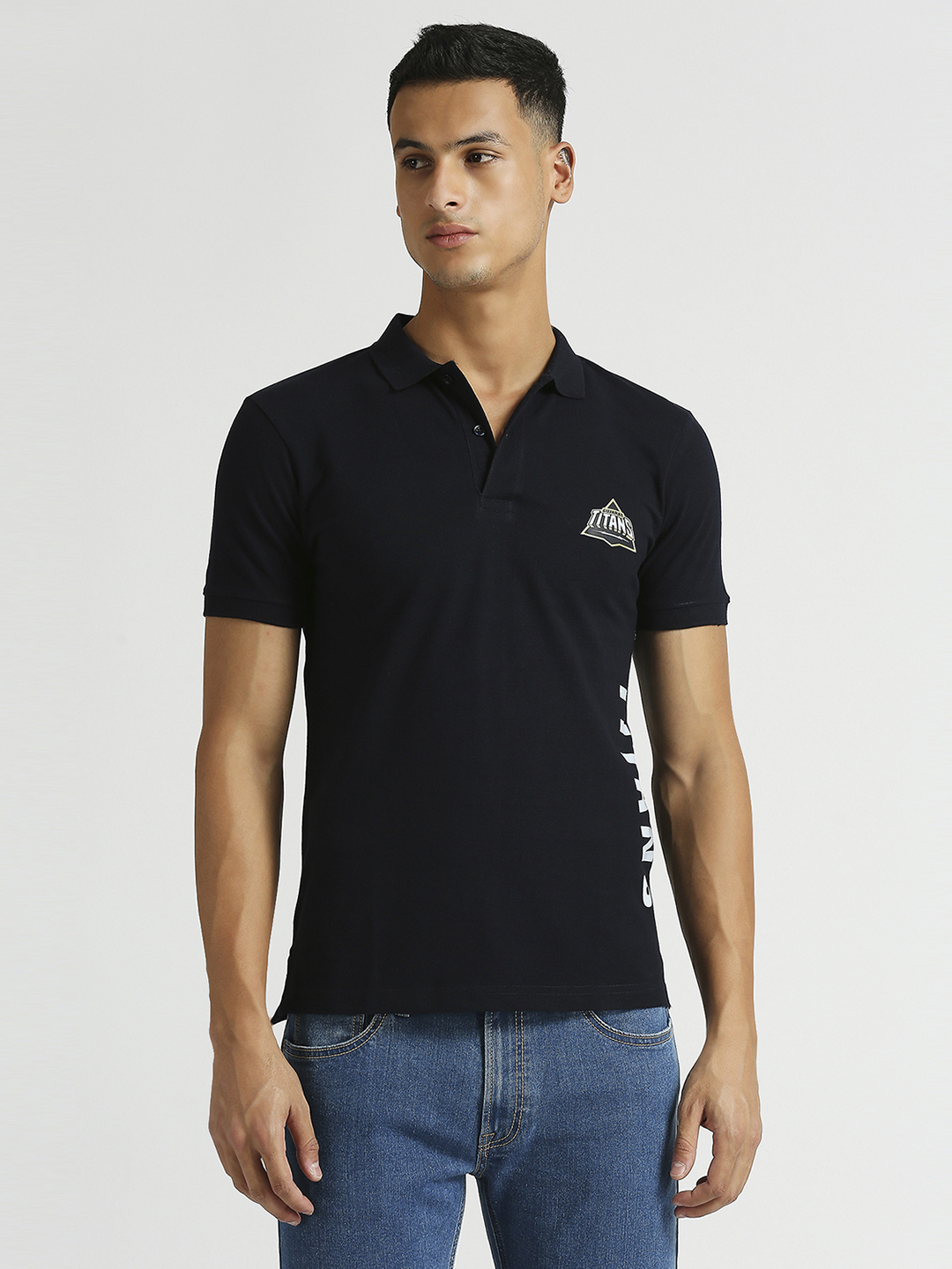 Gujarat Titans Men Navy Blue Typography Printed Half Sleeves Polo Collar Cotton T-Shirt (1)