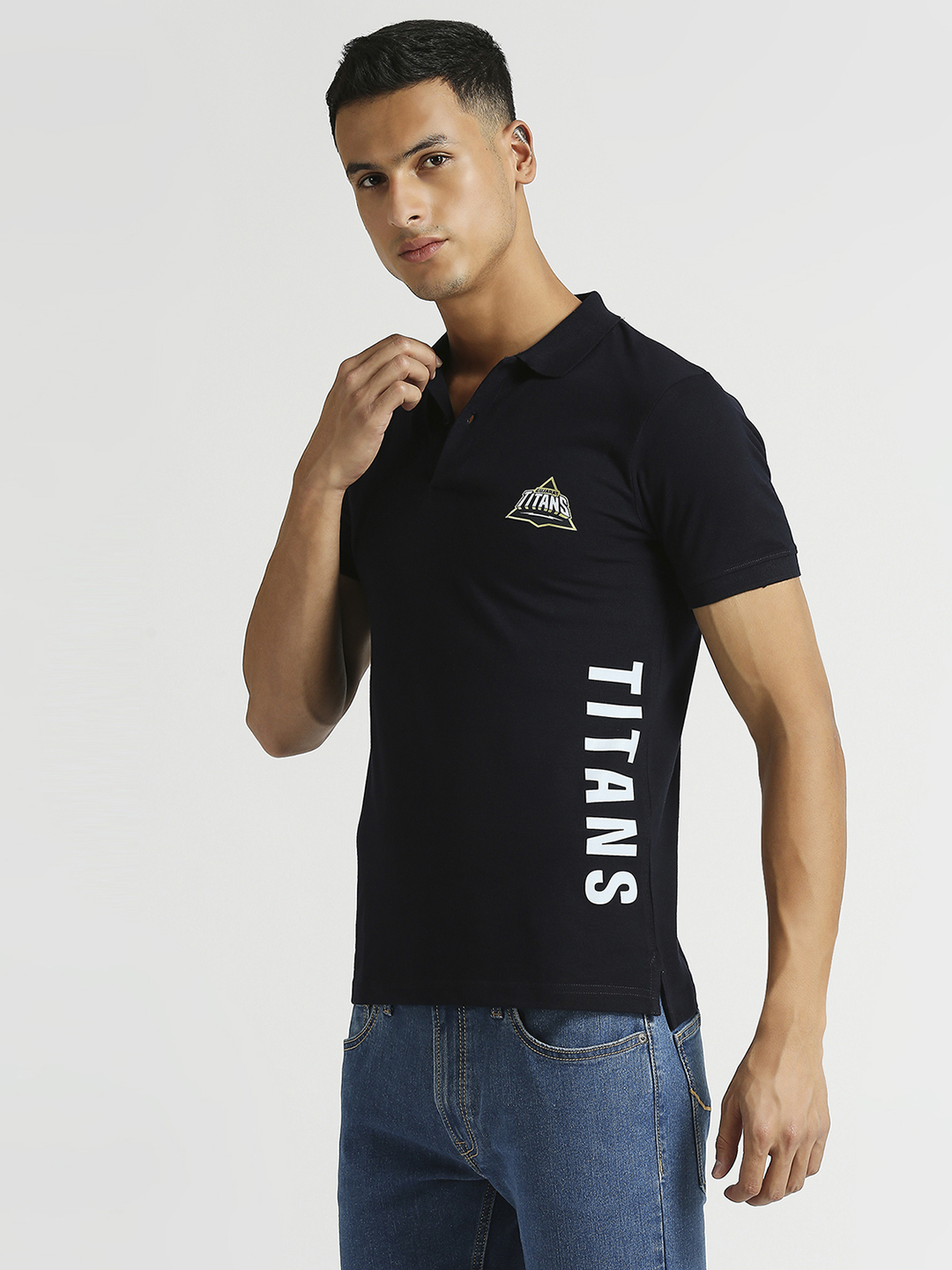 Gujarat Titans Men Navy Blue Typography Printed Half Sleeves Polo Collar Cotton T-Shirt (2)