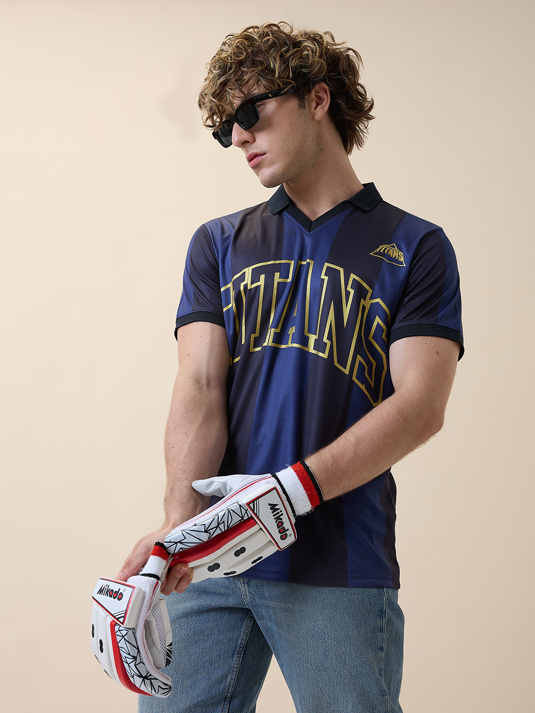 Men Navy Blue Typography Printed Half Sleeves Polo Collar Polyester T-Shirt