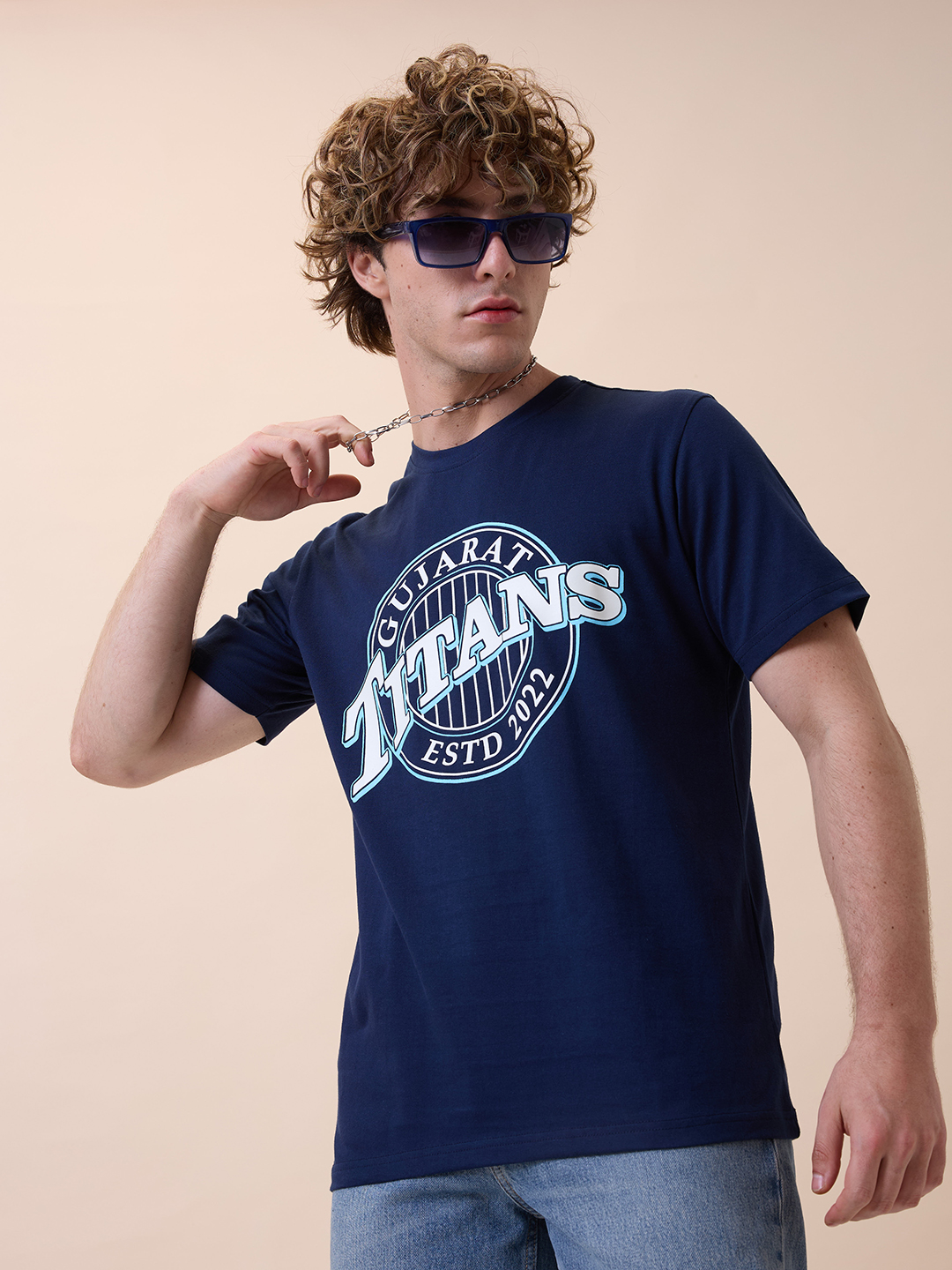 Men Navy Blue Typography Printed Half Sleeves Round Neck Cotton T-Shirt