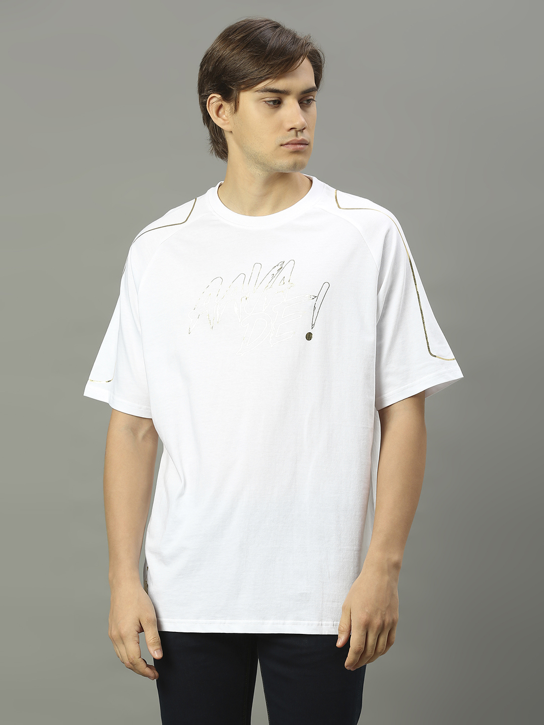 Men White and Golden Foil Print Half Sleeves Oversized T-Shirt