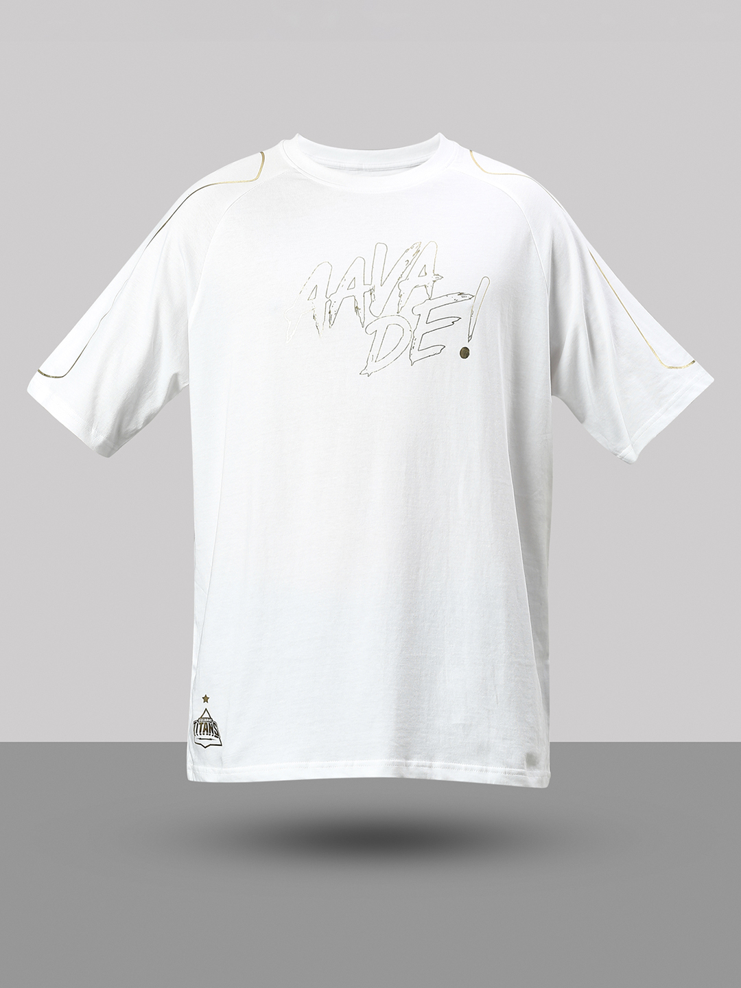 Gujarat Titans Men White and Golden Foil Print Half Sleeves Oversized T-Shirt (5)