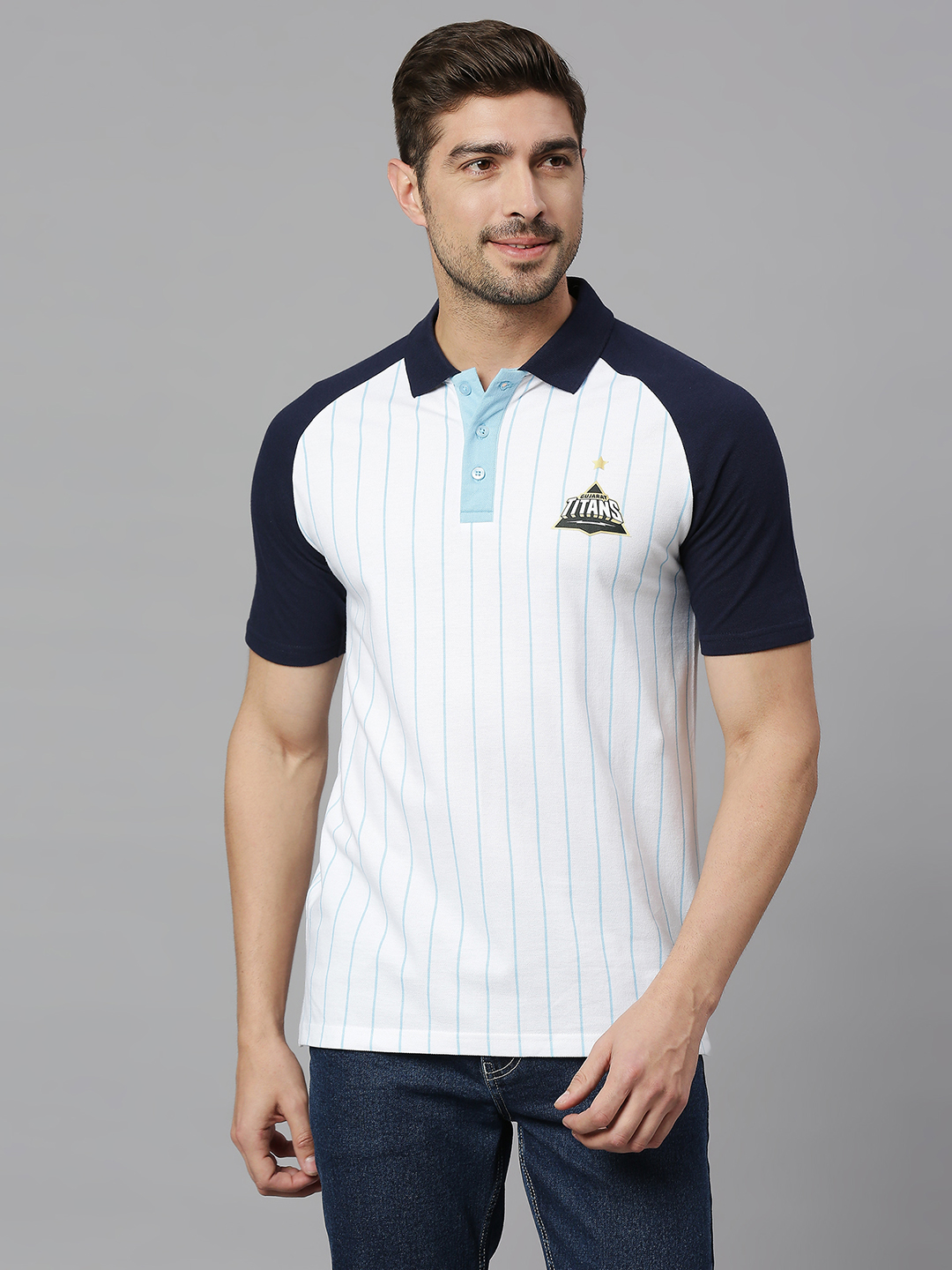 Gujarat Titans Men White and Navy Blue Colourblocked Half Sleeves Polo Collar Cotton T-Shirt (1)