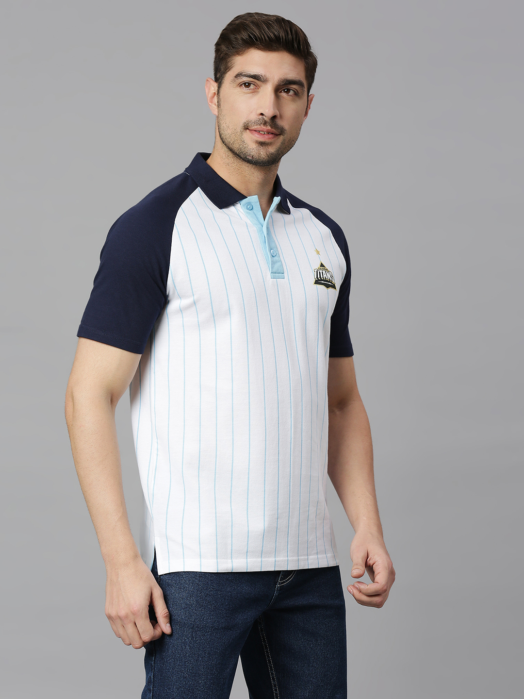 Gujarat Titans Men White and Navy Blue Colourblocked Half Sleeves Polo Collar Cotton T-Shirt (3)
