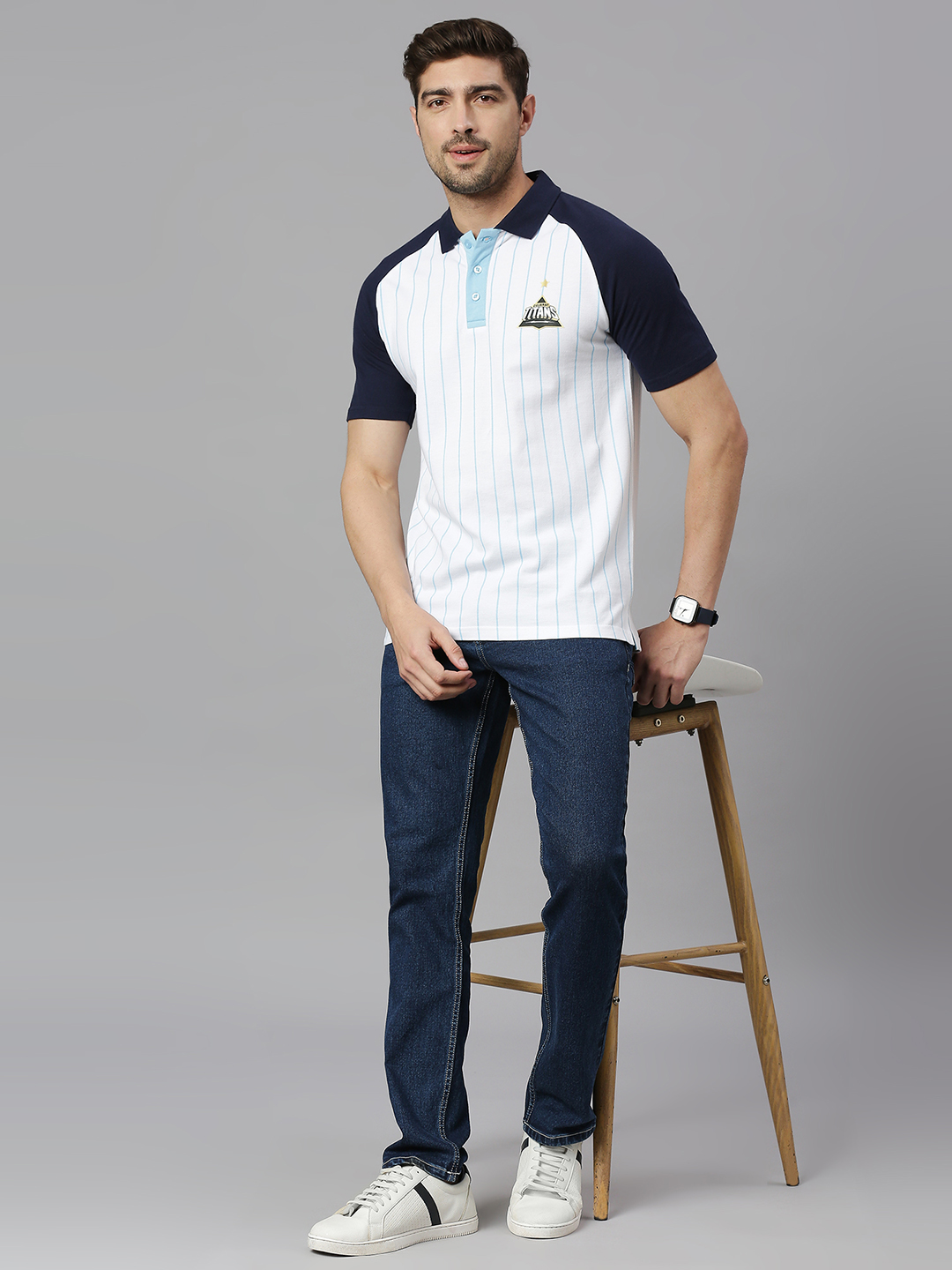 Gujarat Titans Men White and Navy Blue Colourblocked Half Sleeves Polo Collar Cotton T-Shirt (4)