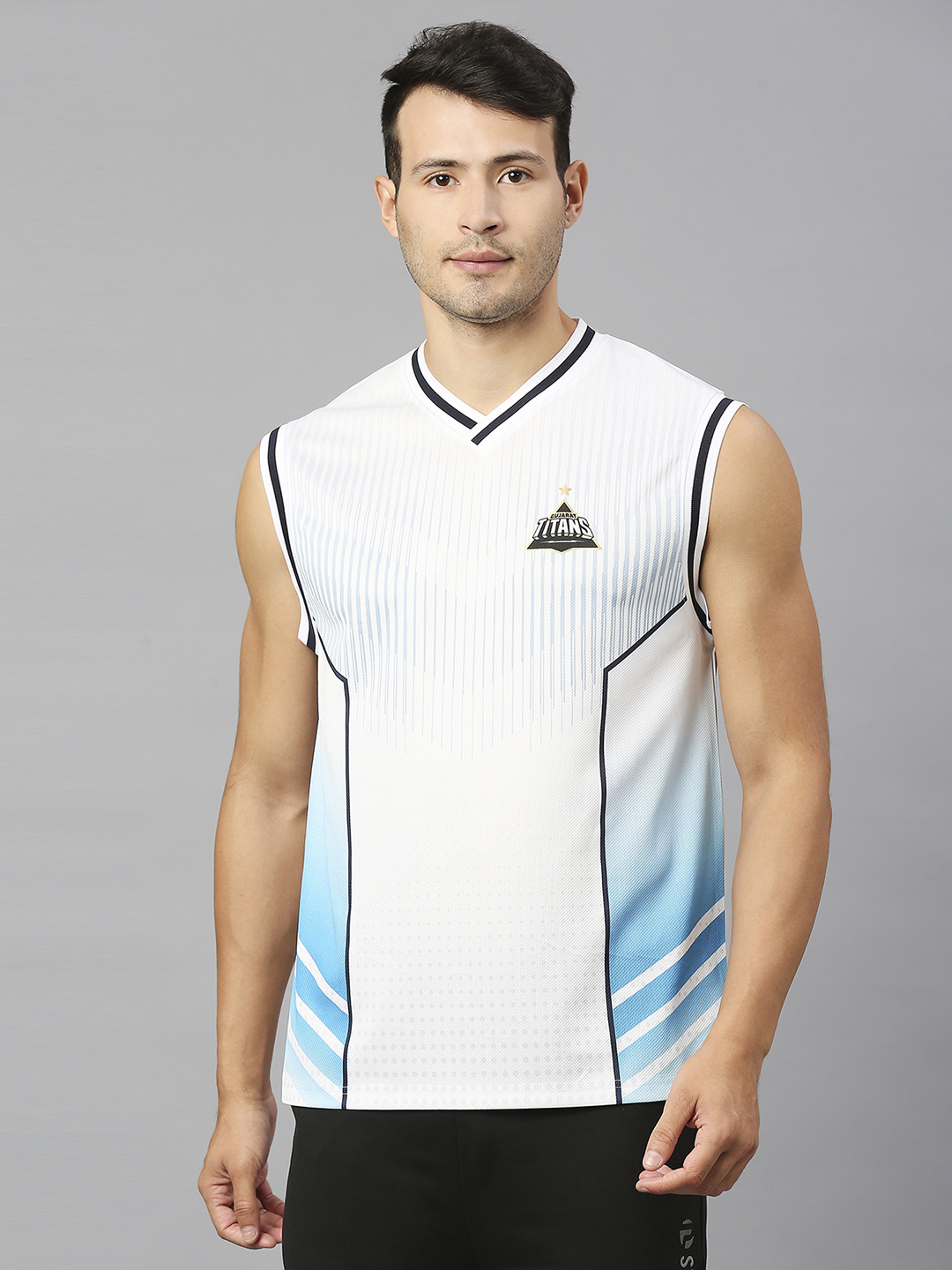 Men White Printed Sleeveless V-Neck Polycotton Sports Vest