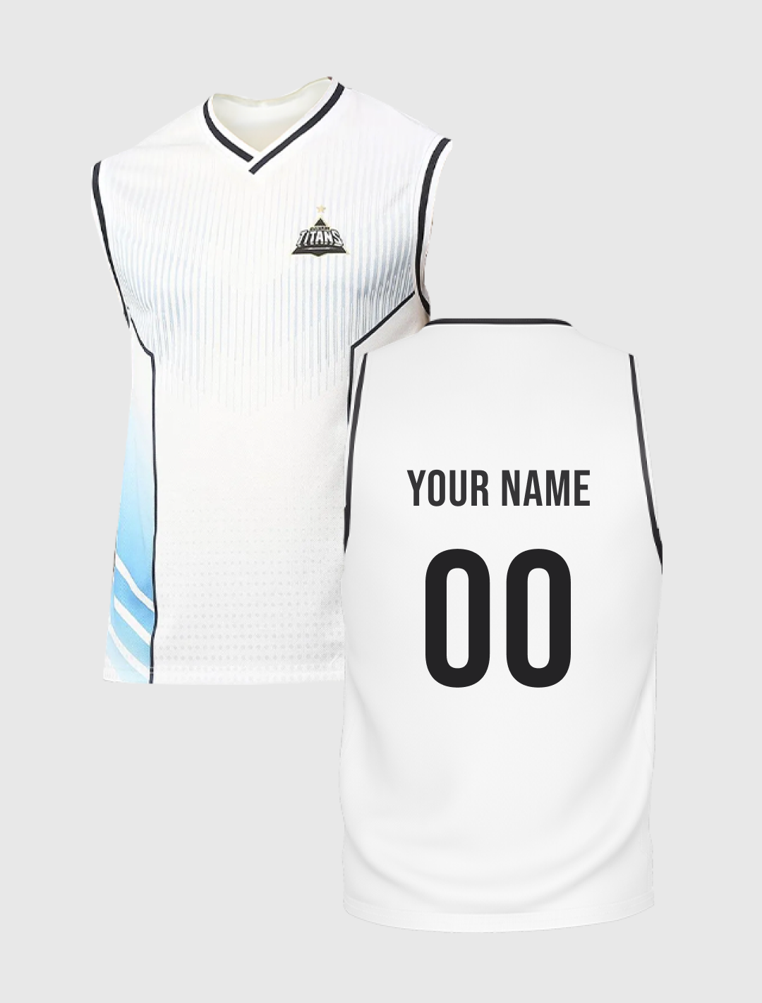 Men White Printed Sleeveless V-Neck Polycotton Sports Vest: Customised With Your Name By FanCode
