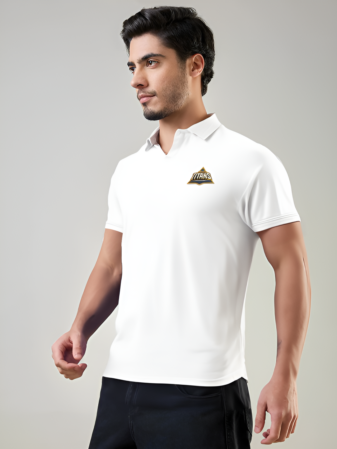 Gujarat Titans Men White Solid Half Sleeves Polo Collar Cotton Regular T-Shirt (2)