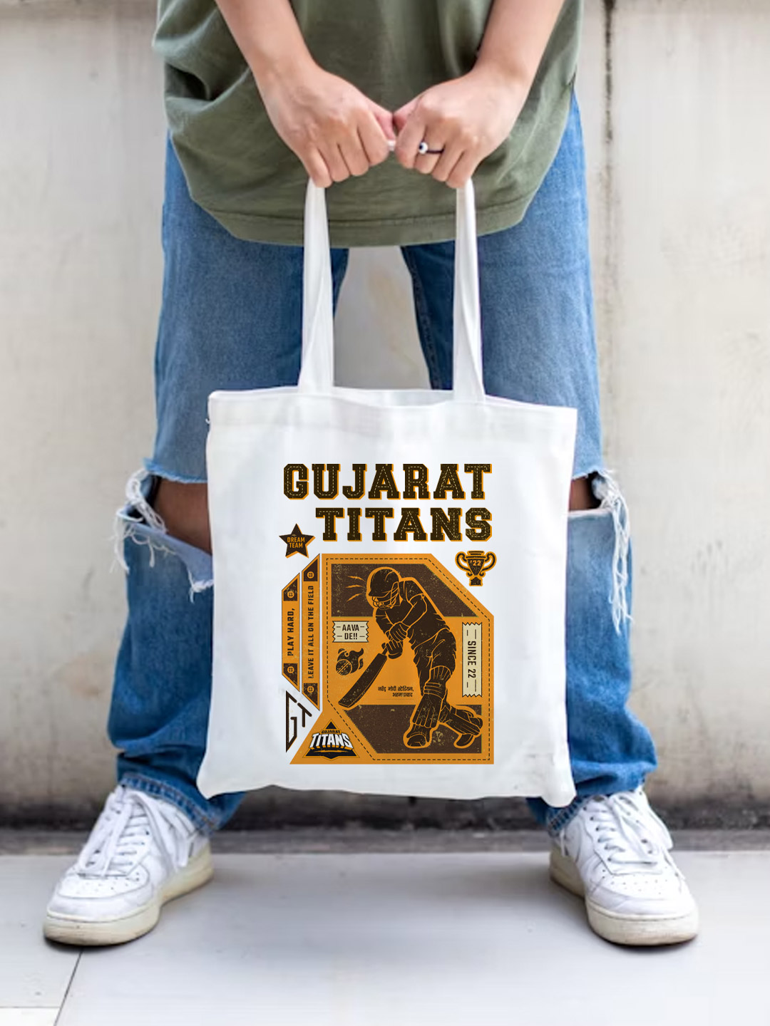 Gujarat Titans Printed Canvas Casual Tote Bag, Stylish Handbag For Men and Women - Pack of 1 (White/Yellow) (3)