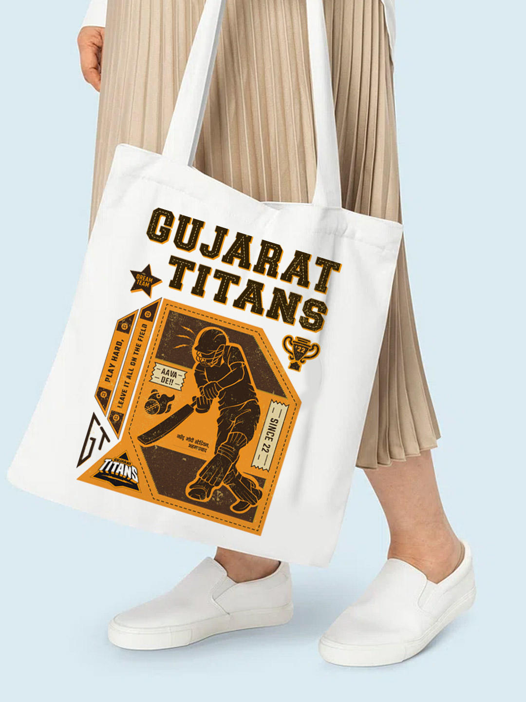 Gujarat Titans Printed Canvas Casual Tote Bag, Stylish Handbag For Men and Women - Pack of 1 (White/Yellow) (2)