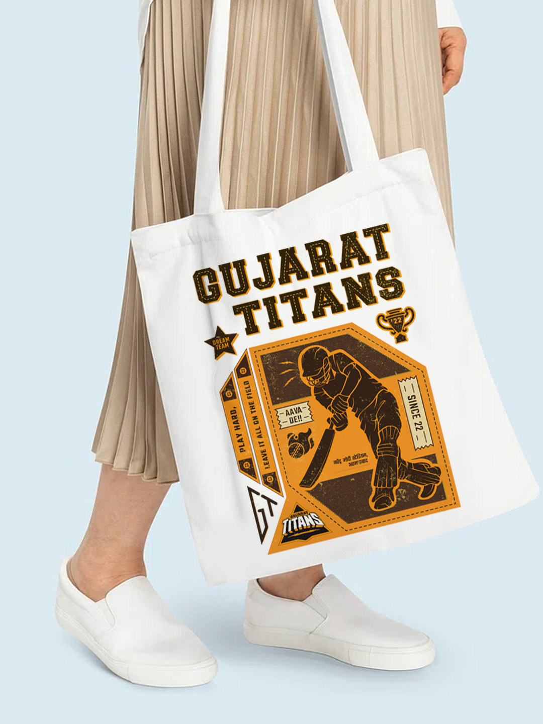 Gujarat Titans Printed Canvas Casual Tote Bag, Stylish Handbag For Men and Women - Pack of 1 (White/Yellow) (4)