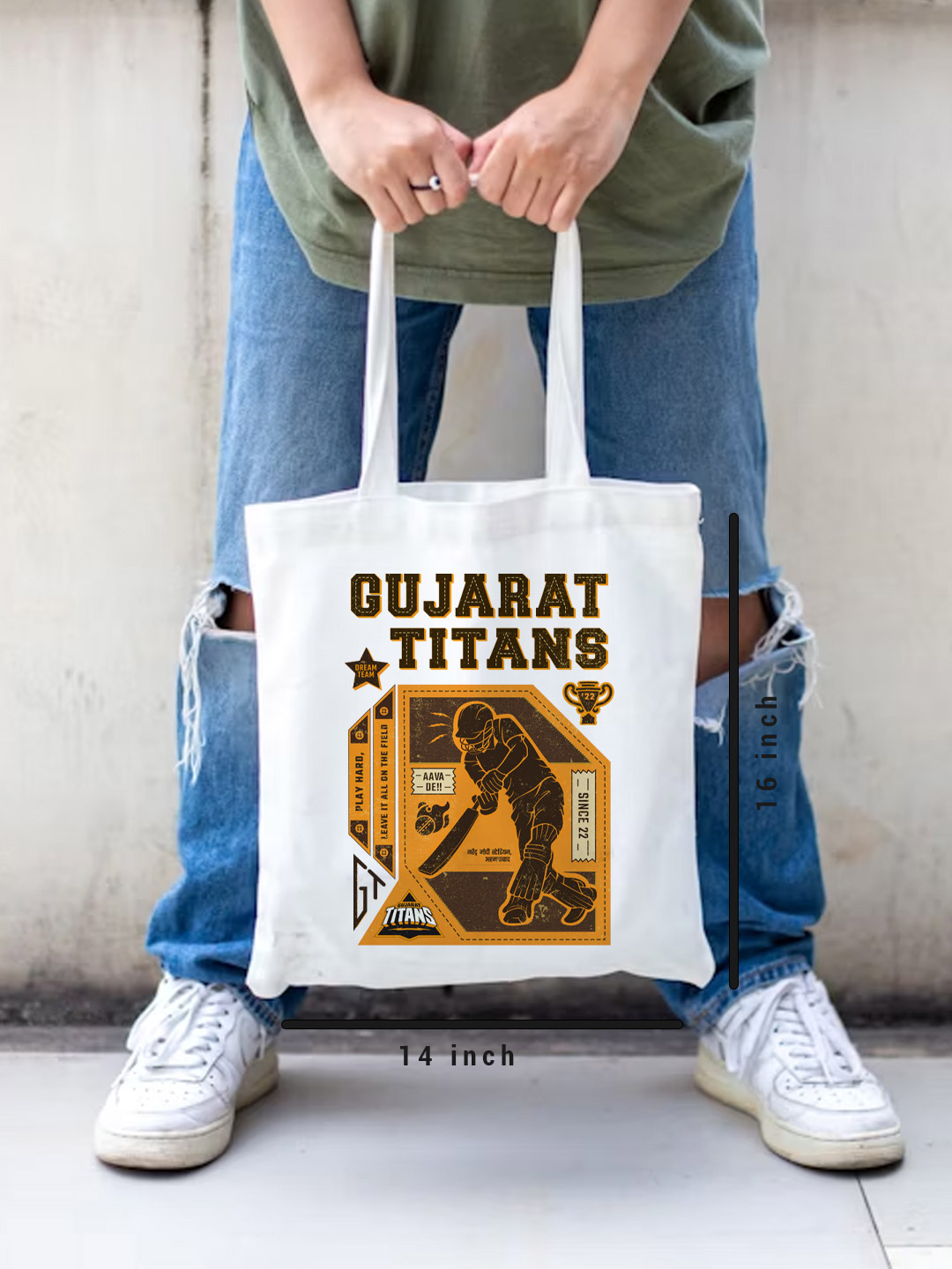 Gujarat Titans Printed Canvas Casual Tote Bag, Stylish Handbag For Men and Women - Pack of 1 (White/Yellow) (5)