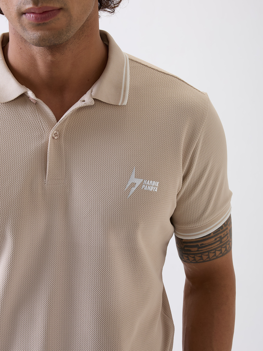 Hardik Pandya Men All-Terrain Polo Neck T-Shirt in Beige, Stretchable and Textured with Heavy Gauge Premium Fabric (2)