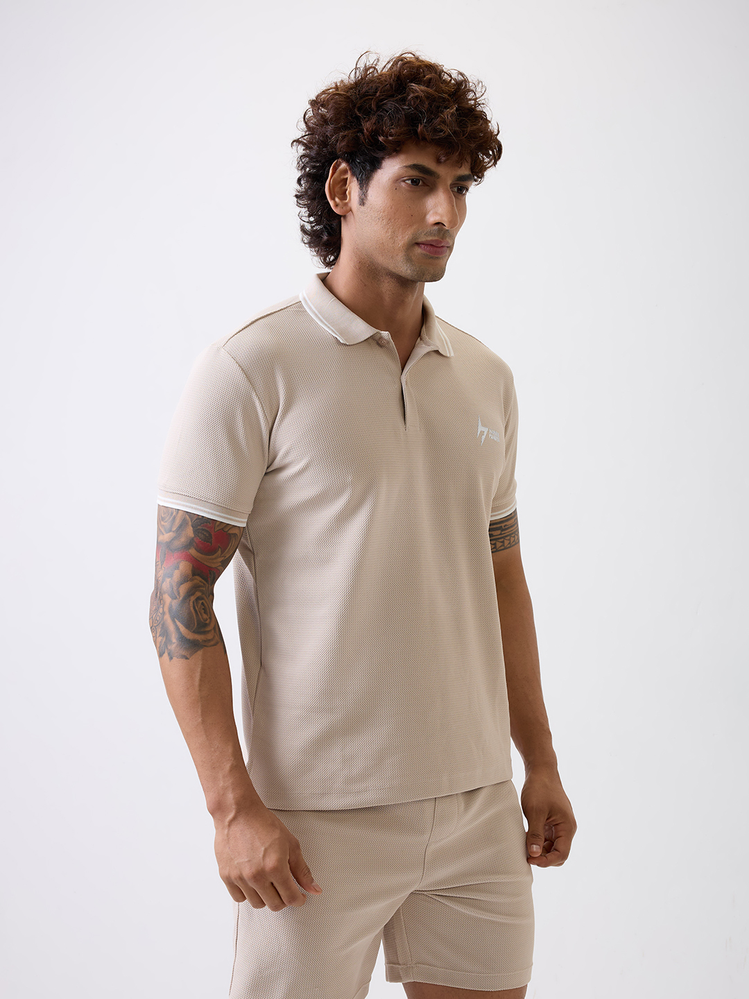 Hardik Pandya Men All-Terrain Polo Neck T-Shirt in Beige, Stretchable and Textured with Heavy Gauge Premium Fabric (6)
