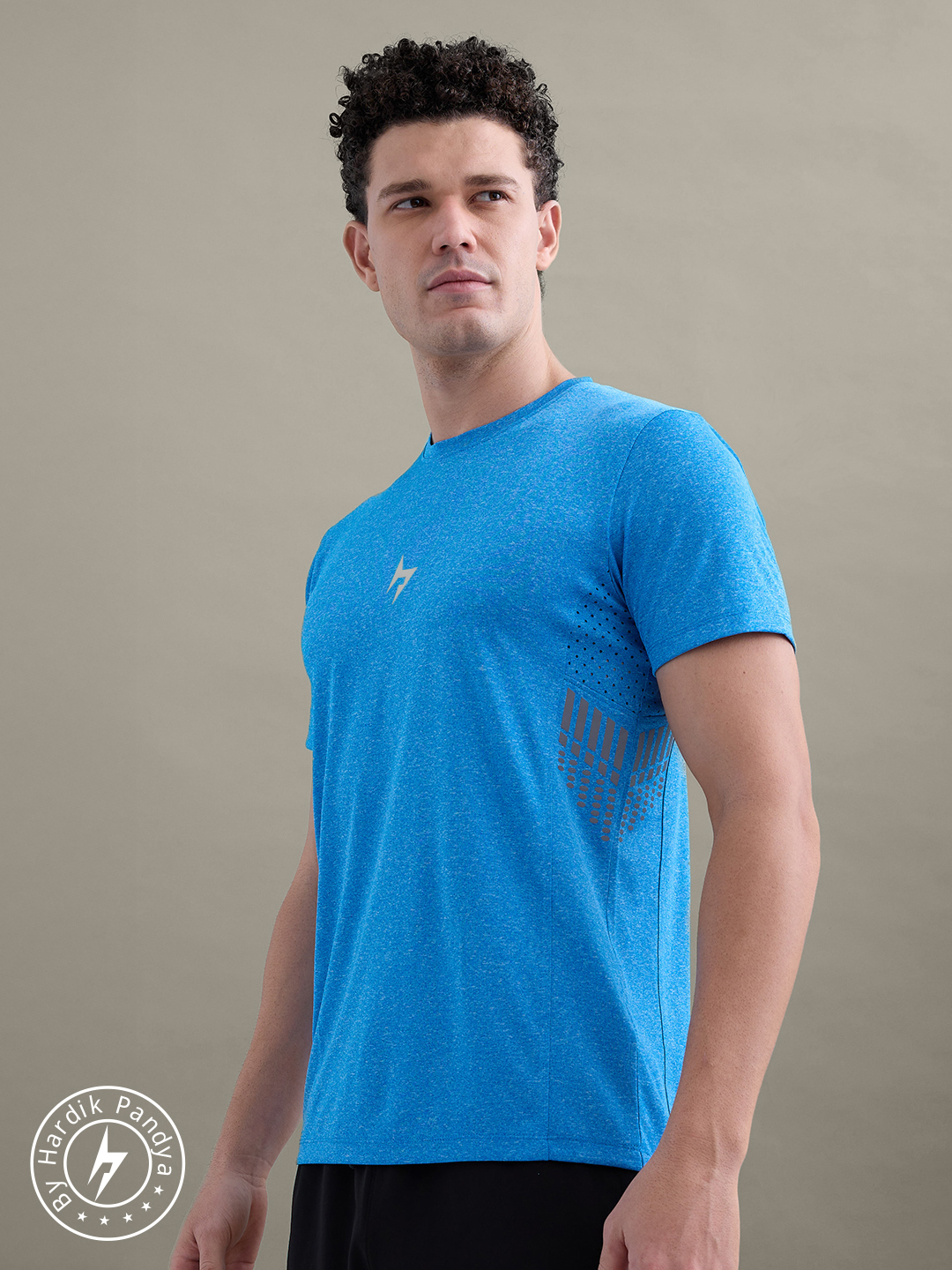Men GameTime Round Neck T-Shirt in Blue Grindle for Gym, Running, Yoga, Indoor & Outdoor Sports