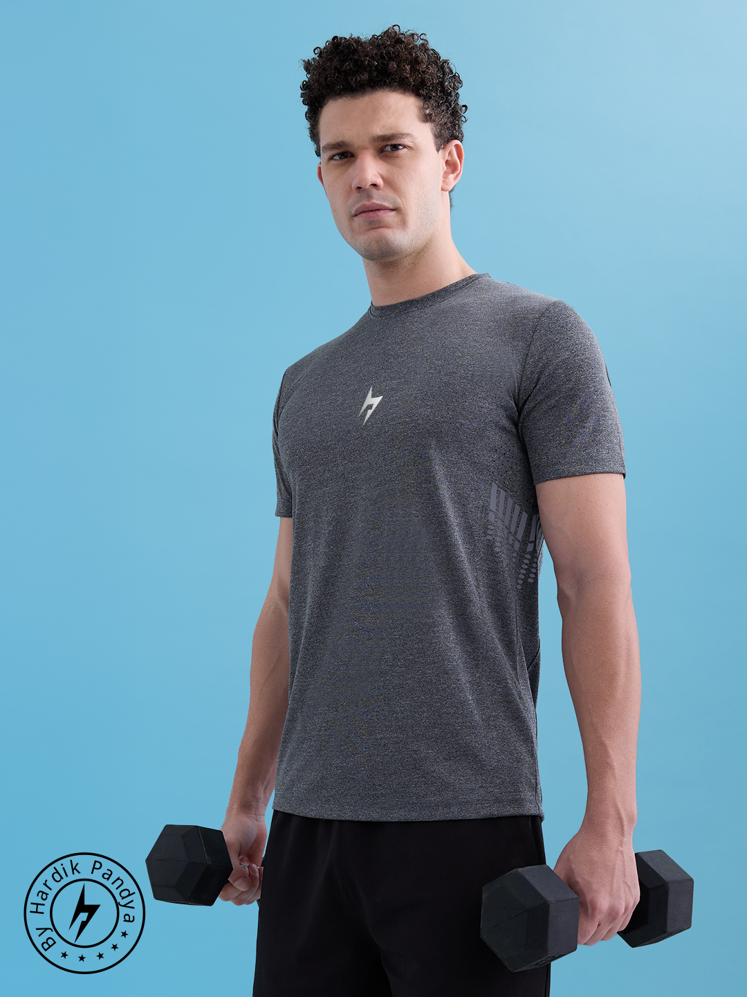 Men GameTime Round Neck T-Shirt in Grey Grindle for Gym, Running, Yoga, Indoor & Outdoor Sports