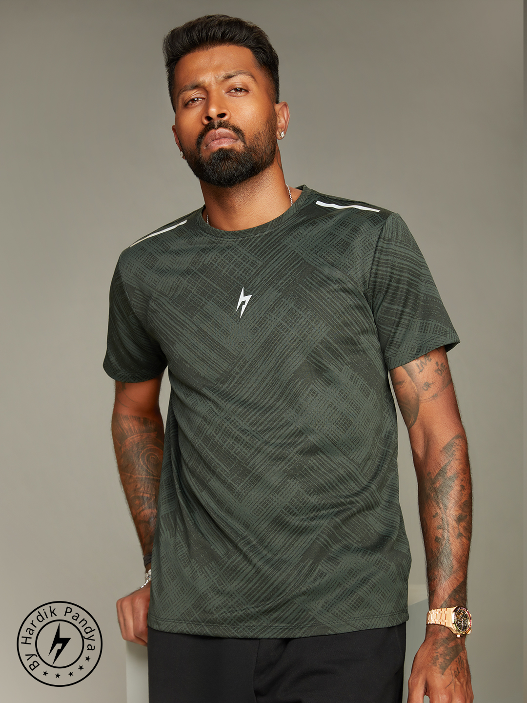 Hardik Pandya Stealth Round Neck T-Shirt in Olive for Gym, Running, Yoga, Indoor & Outdoor Sports