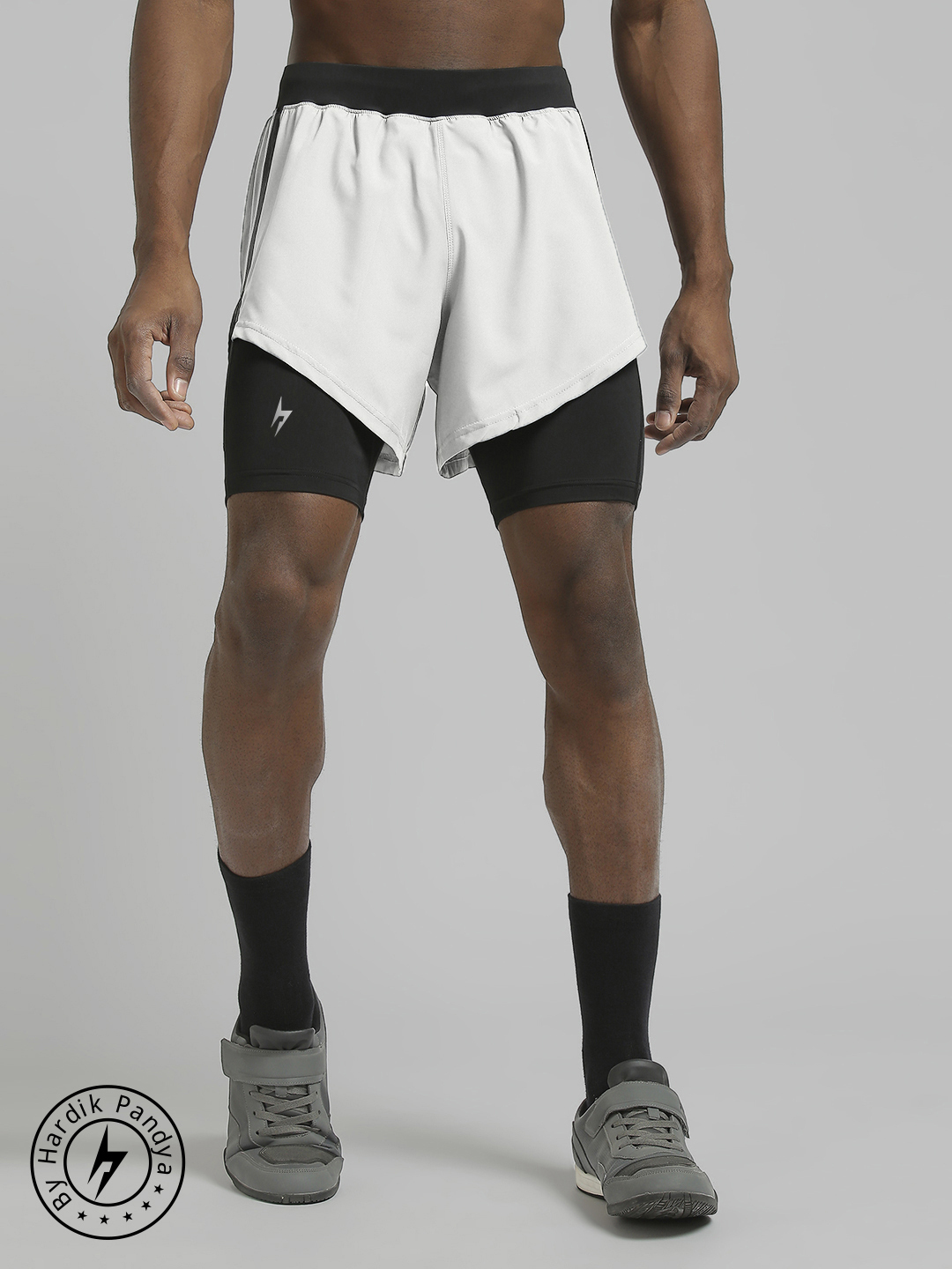 Men 2-in-1 Compression Athletic Lightweight Activewear Grey and Black Short for Workout, Gym, Running, Yoga and Sports