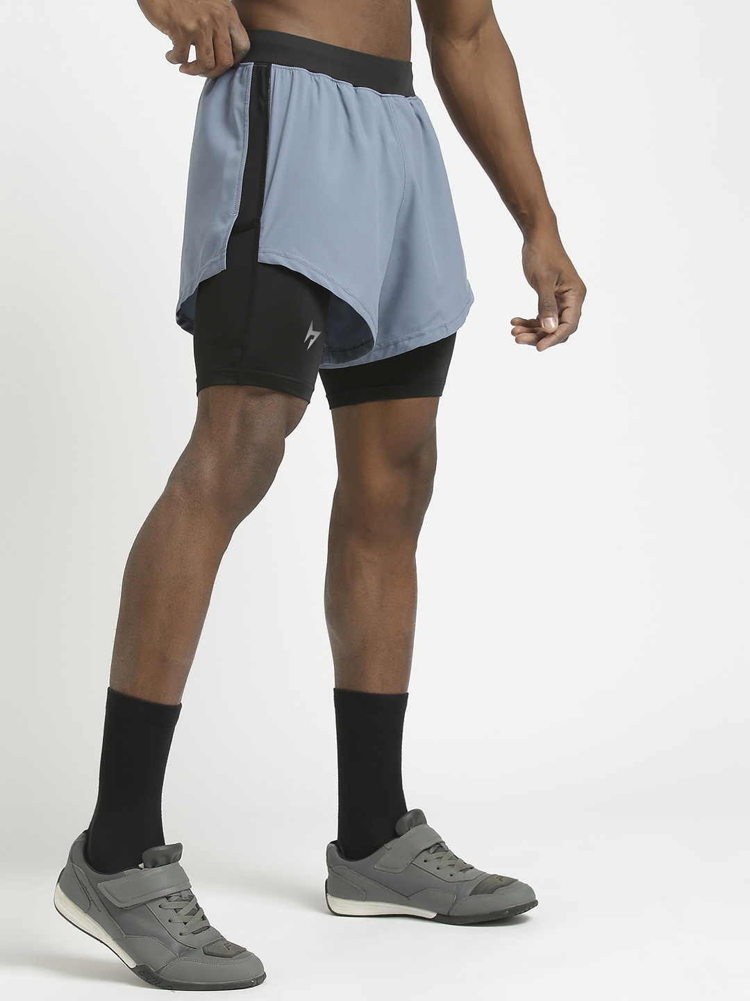 Hardik Pandya Men 2-in-1 Compression Athletic Lightweight Activewear Grey and Black Short for Workout, Gym, Running, Yog (3)