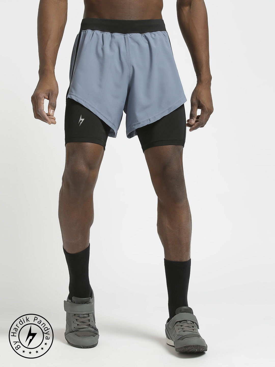 Men 2-in-1 Compression Athletic Lightweight Activewear Grey and Black Short for Workout, Gym, Running, Yoga and Sports