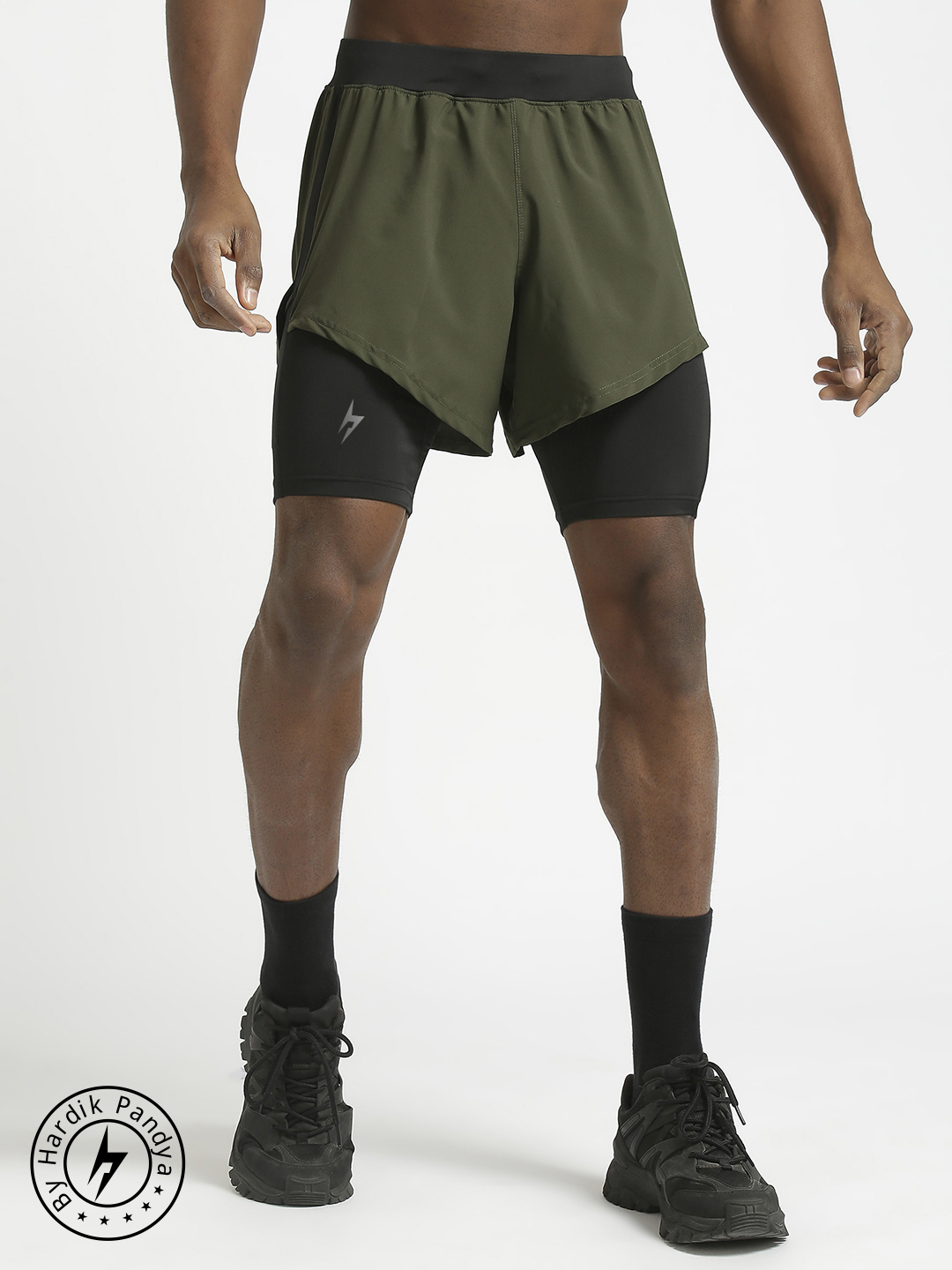 Hardik Pandya Men 2-in-1 Compression Athletic Lightweight Activewear Olive and Black Short for Workout, Gym, Running, Yo