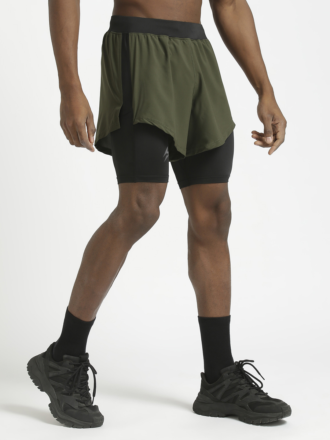 Hardik Pandya Men 2-in-1 Compression Athletic Lightweight Activewear Olive and Black Short for Workout, Gym, Running, Yo (3)