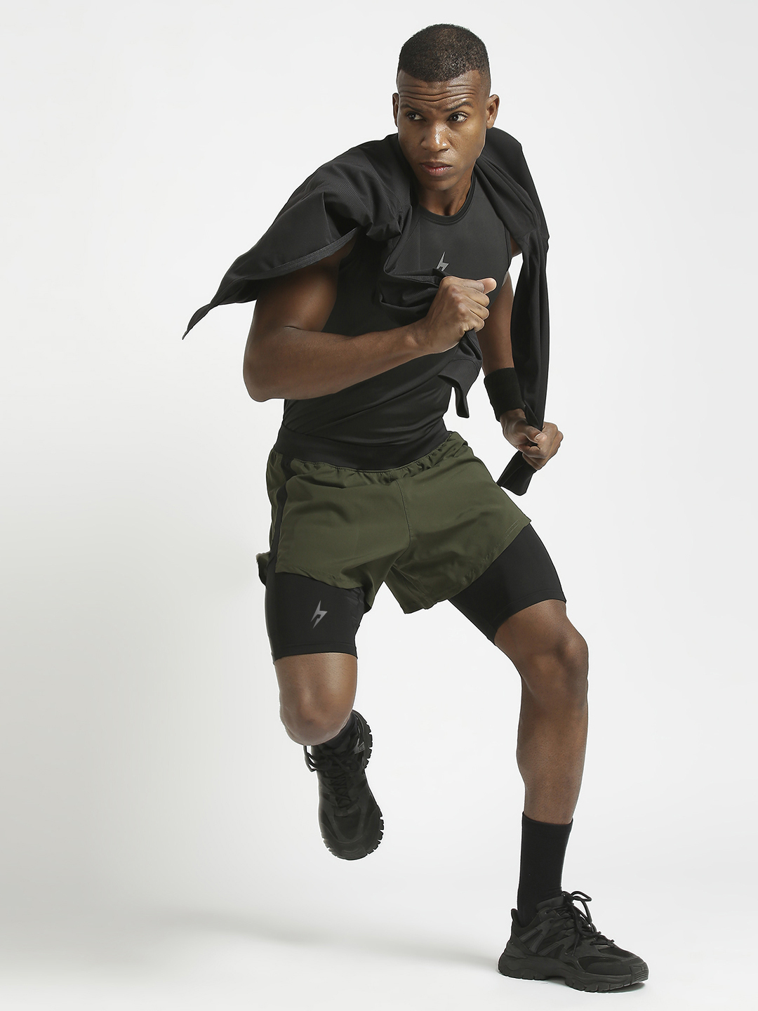 Hardik Pandya Men 2-in-1 Compression Athletic Lightweight Activewear Olive and Black Short for Workout, Gym, Running, Yo (6)