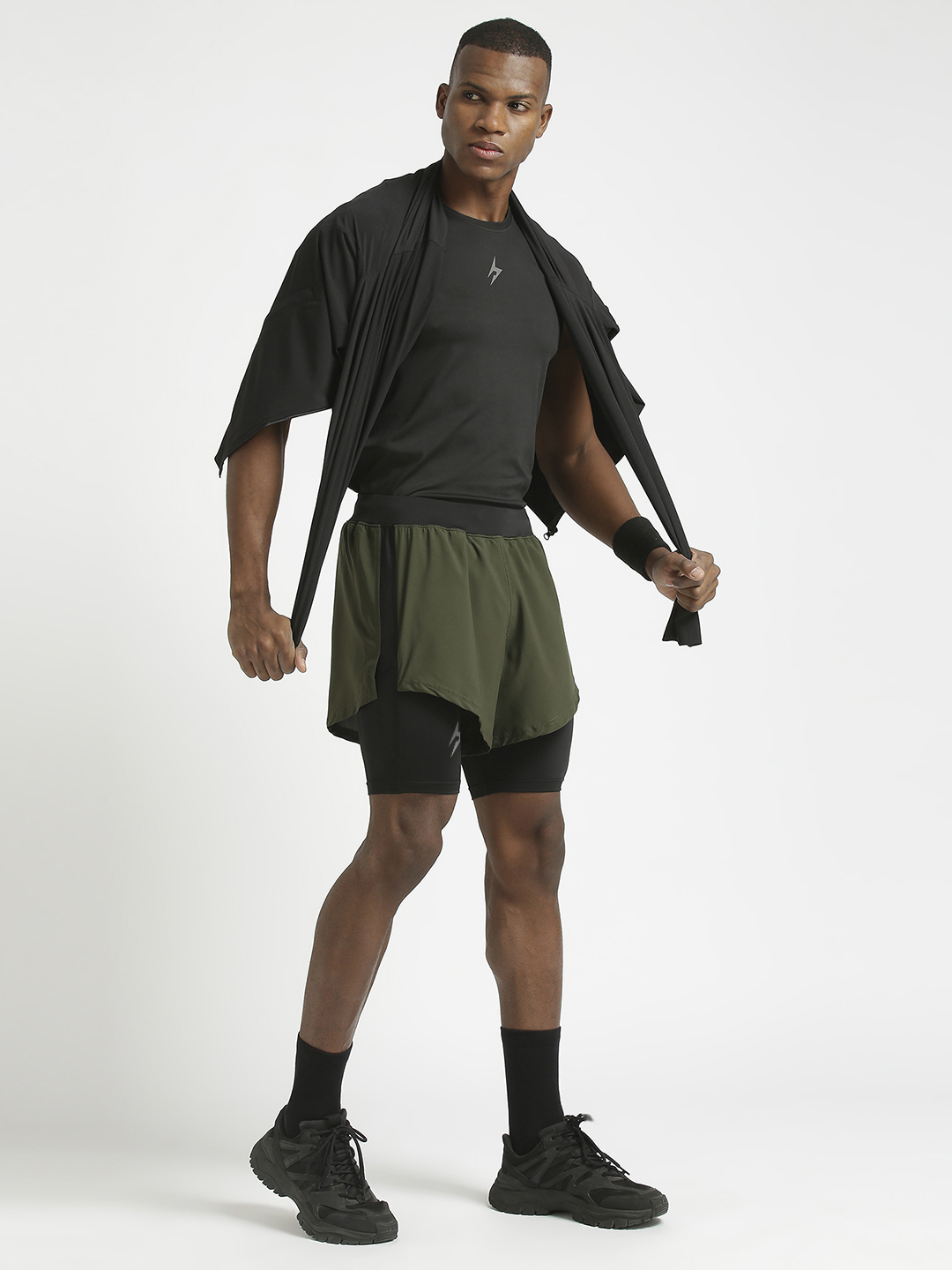 Hardik Pandya Men 2-in-1 Compression Athletic Lightweight Activewear Olive and Black Short for Workout, Gym, Running, Yo (6)