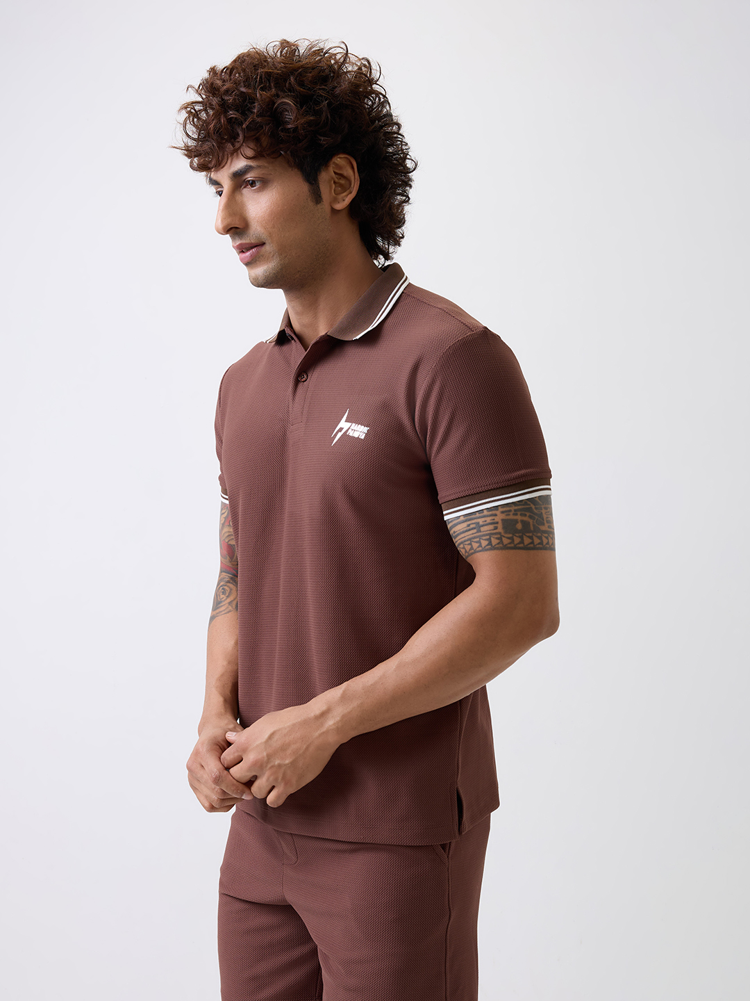 Hardik Pandya Men All-Terrain Polo Neck T-Shirt in Brown, Stretchable and Textured with Heavy Gauge Premium Fabric (4)