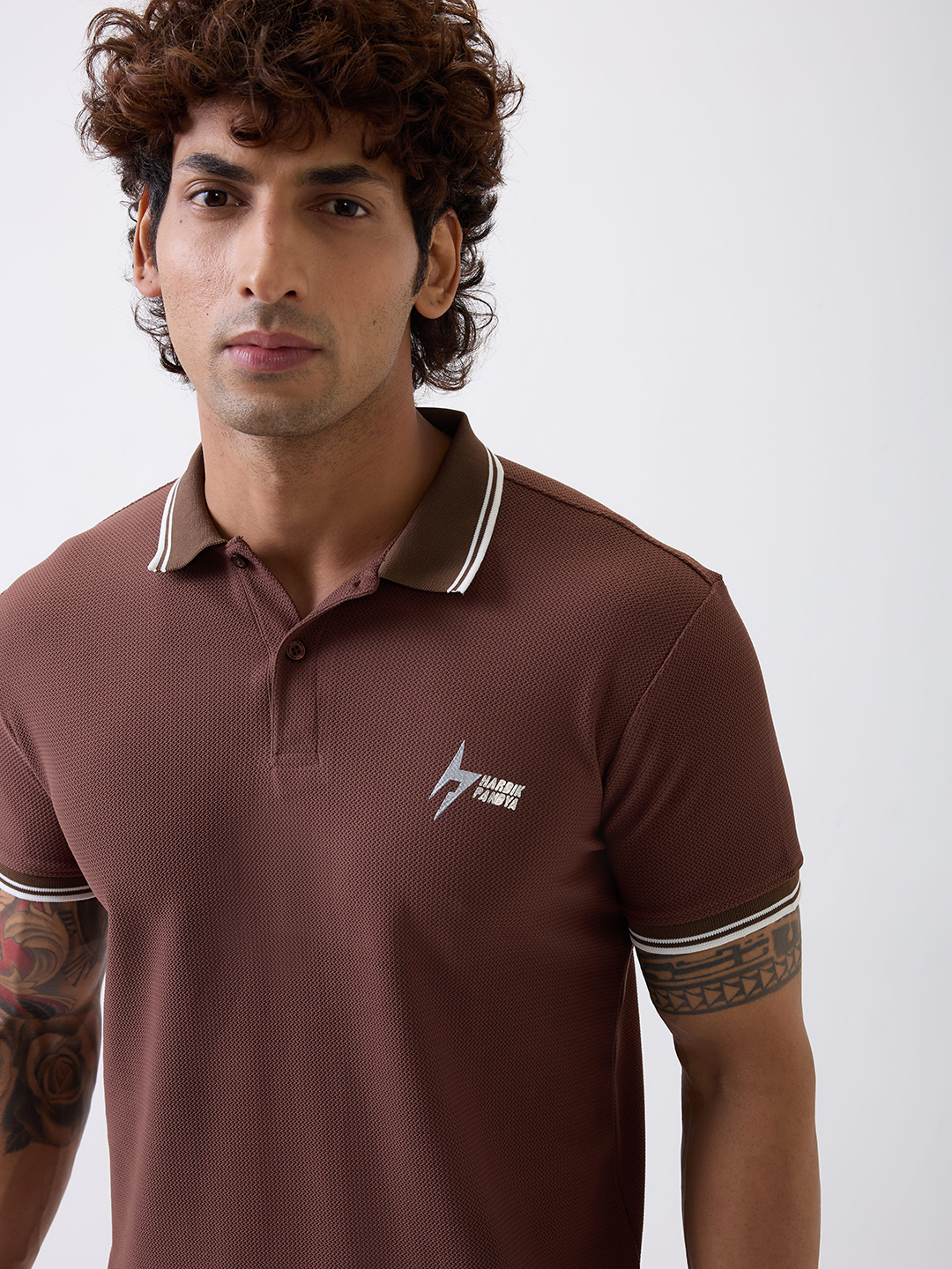 Hardik Pandya Men All-Terrain Polo Neck T-Shirt in Brown, Stretchable and Textured with Heavy Gauge Premium Fabric (2)
