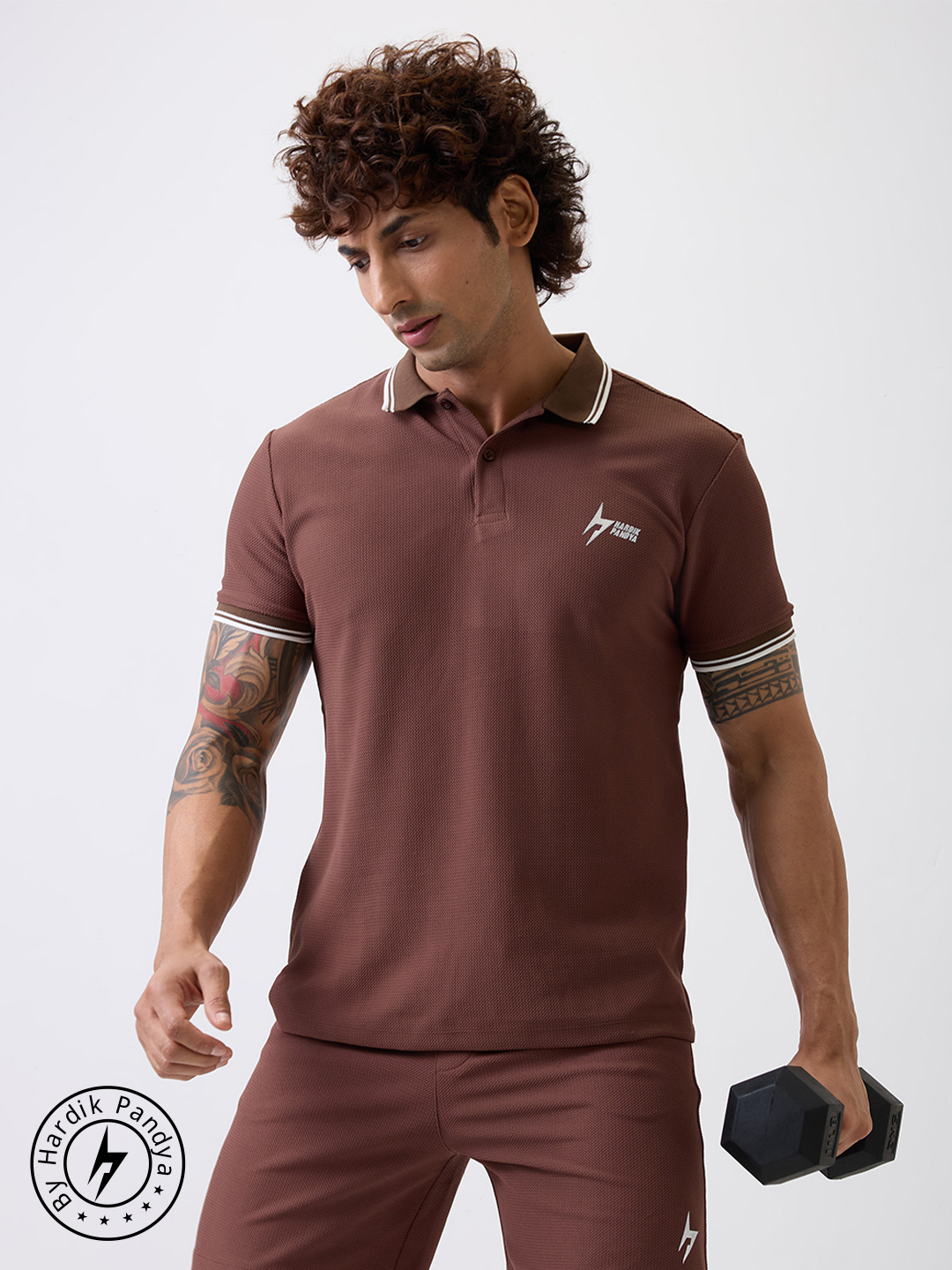 Hardik Pandya Men All-Terrain Polo Neck T-Shirt in Brown, Stretchable and Textured with Heavy Gauge Premium Fabric