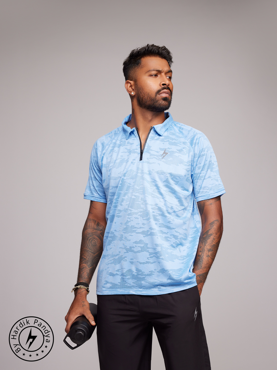 Men Burst Athleisure Polo Neck Casual Wear Light Blue T-Shirt