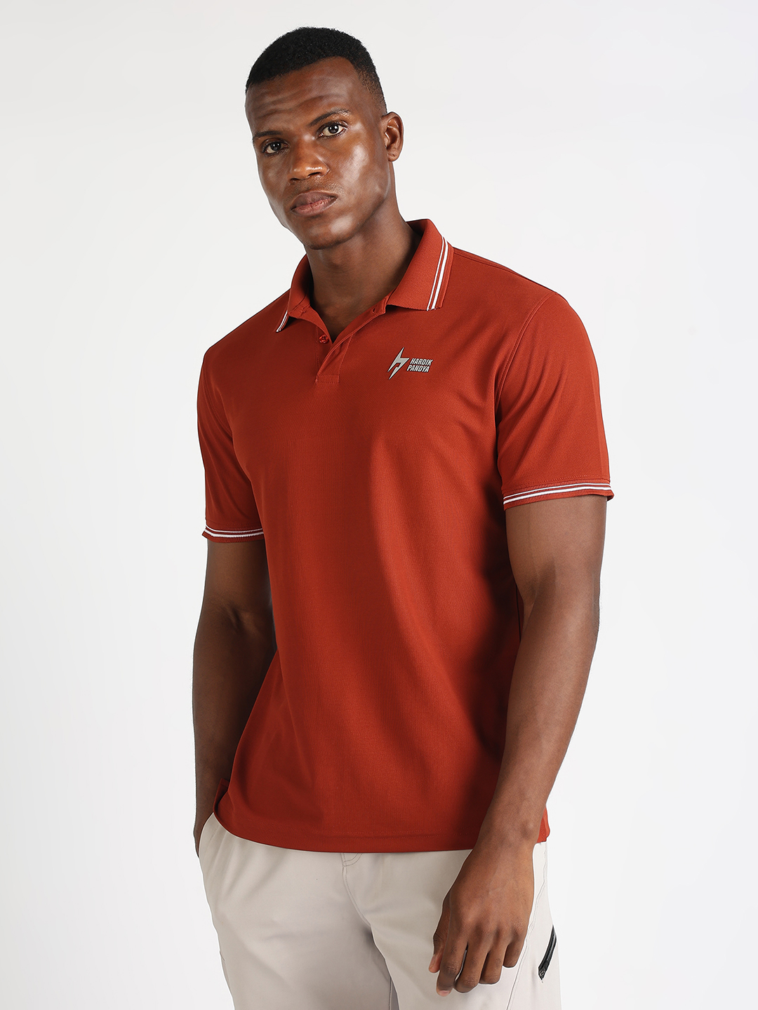 Hardik Pandya Men Decode Athleisure Polo Neck Casual Wear Rust T-Shirt (4)