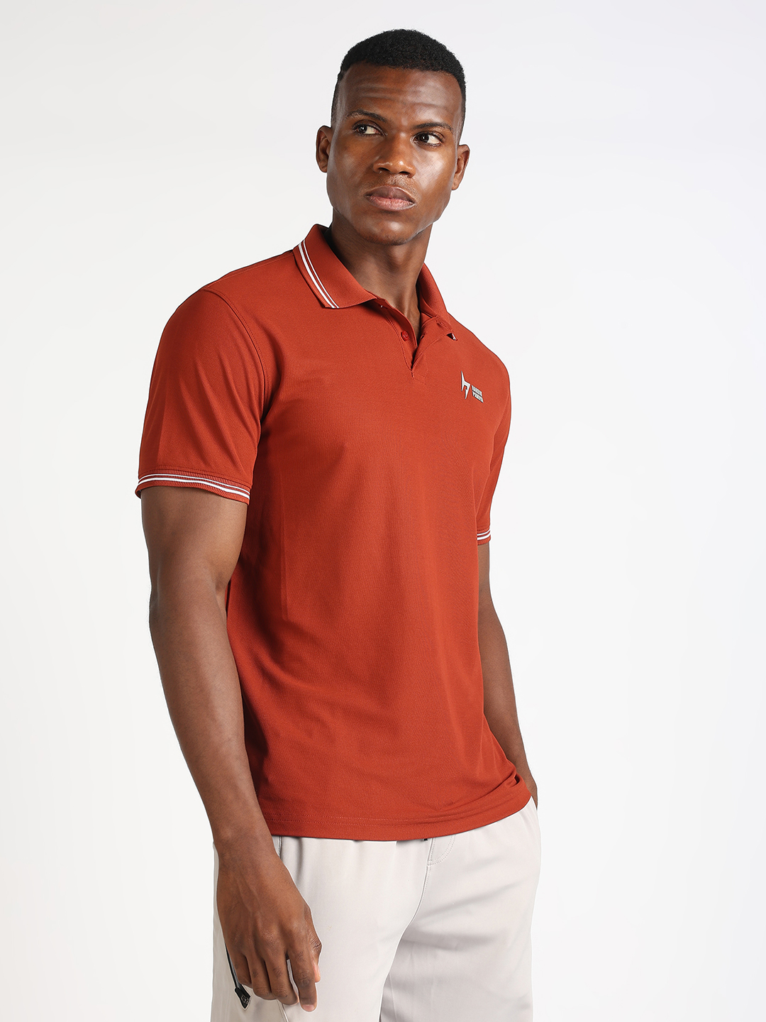 Hardik Pandya Men Decode Athleisure Polo Neck Casual Wear Rust T-Shirt (5)