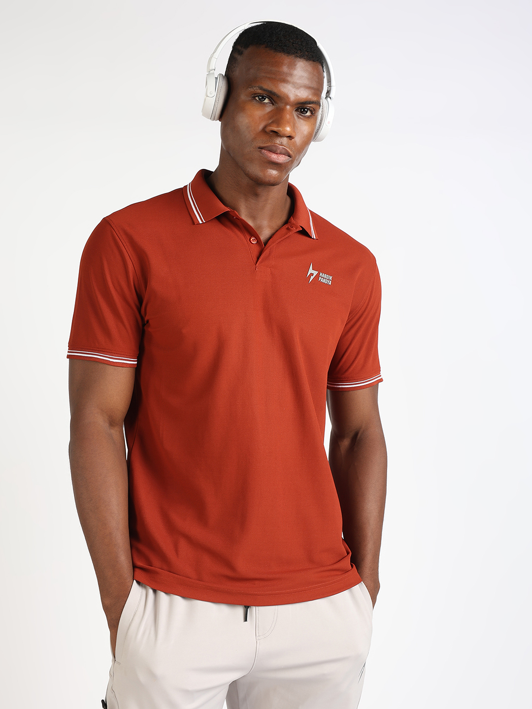 Hardik Pandya Men Decode Athleisure Polo Neck Casual Wear Rust T-Shirt (3)
