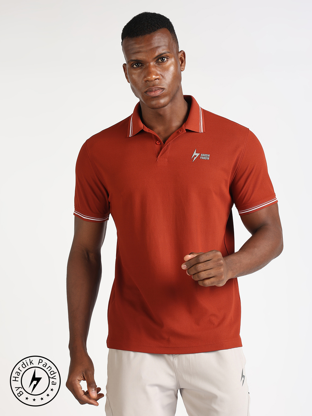 Hardik Pandya Men Decode Athleisure Polo Neck Casual Wear Rust T-Shirt (2)
