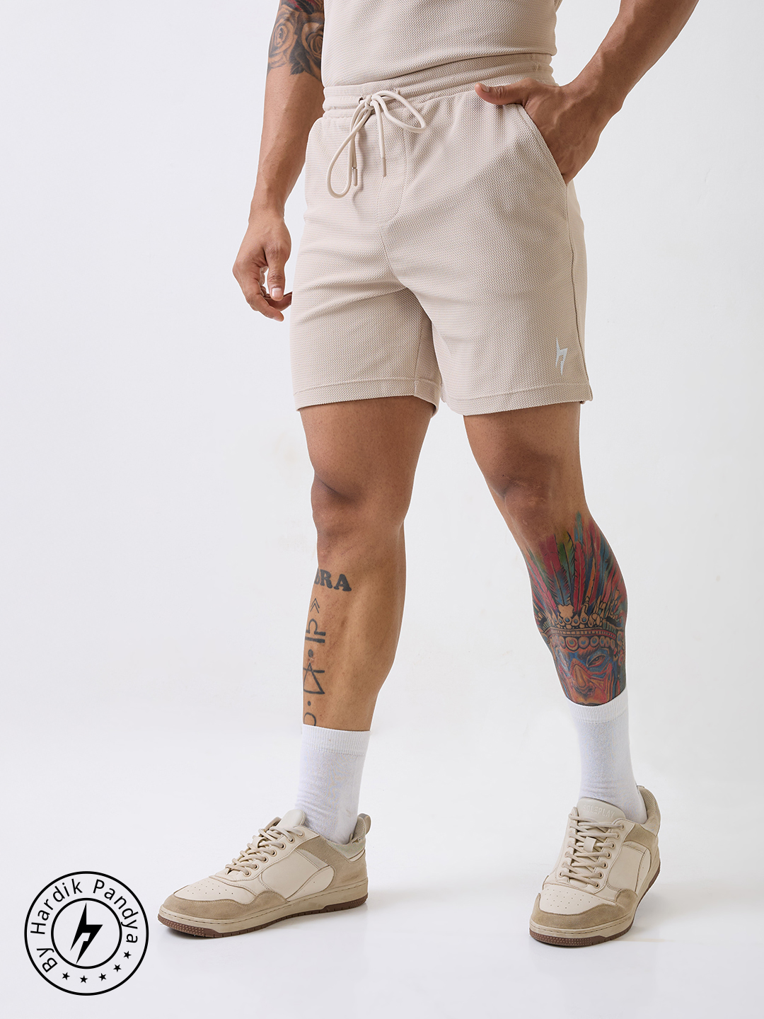 Hardik Pandya Men Playmaker Relaxed Fit Shorts in Beige, Stretchable and Textured with Heavy Gauge Premium Fabric