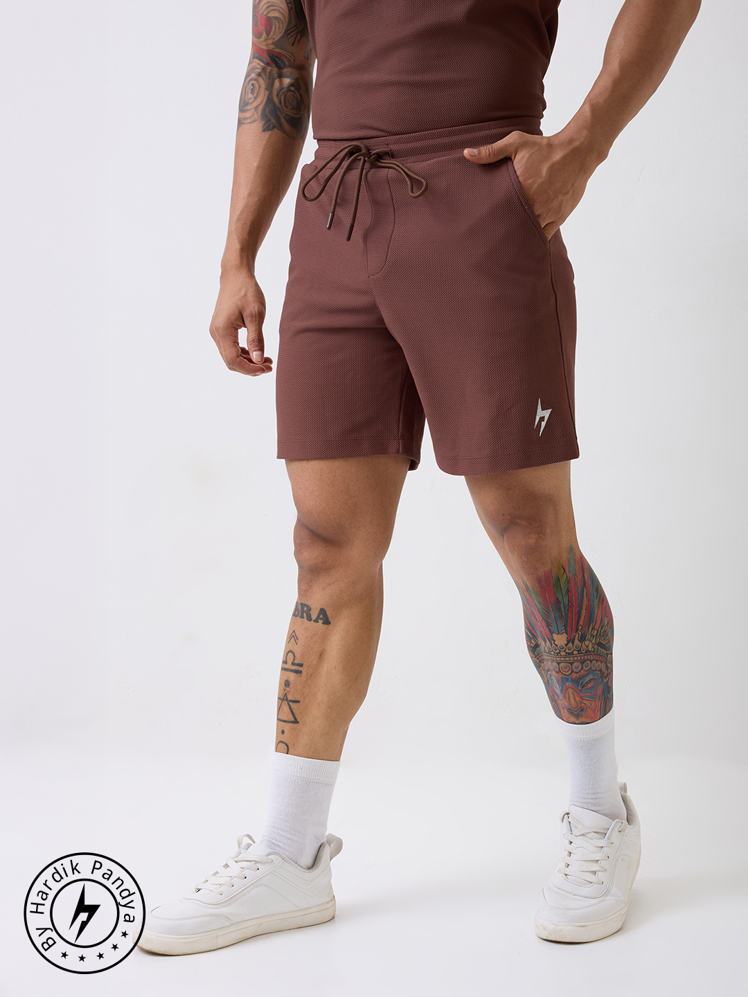 Hardik Pandya Men Playmaker Relaxed Fit Shorts in Brown, Stretchable and Textured with Heavy Gauge Premium Fabric