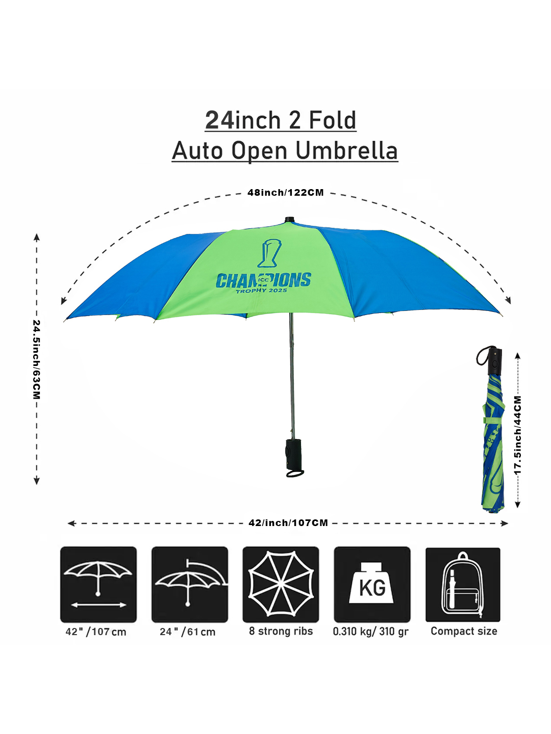 ICC Champion-2025 ICC Champions Trophy 2025 - 24 Inch 2-Fold Automatic Umbrella for Men and Women - Blue/Green (2)