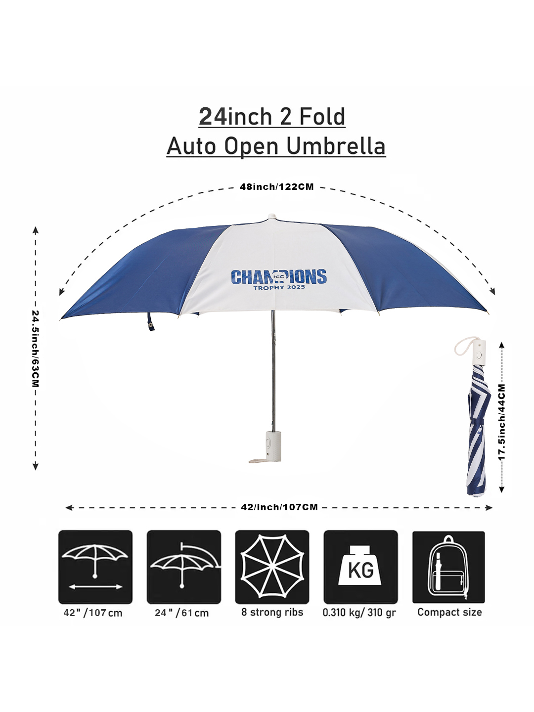 ICC Champion-2025 ICC Champions Trophy 2025 - 24 Inch 2-Fold Automatic Umbrella for Men and Women - Blue/White (2)