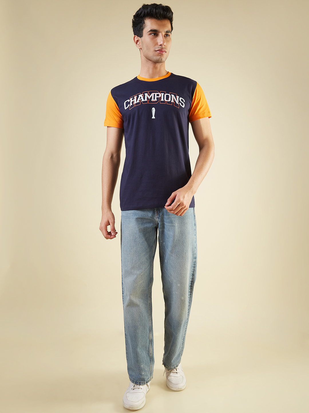 ICC Champion-2025 ICC Champions Trophy 2025 Men Navy Blue and Orange Graphic Printed Half Sleeves Round Neck Cotton T-Sh (5)