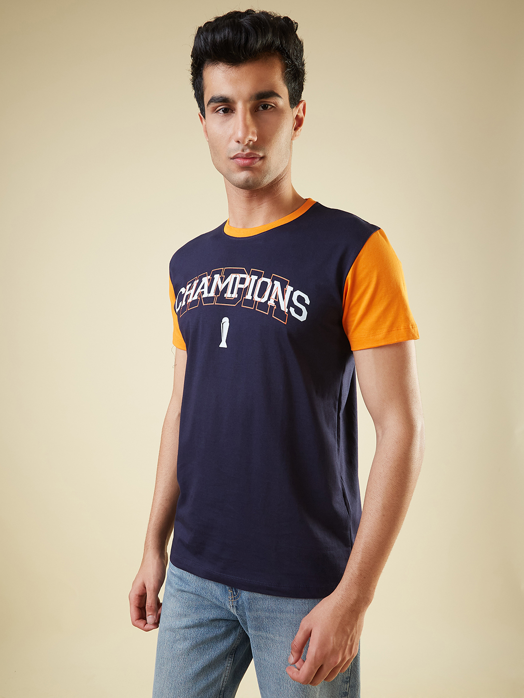 ICC Champion-2025 ICC Champions Trophy 2025 Men Navy Blue and Orange Graphic Printed Half Sleeves Round Neck Cotton T-Sh (3)